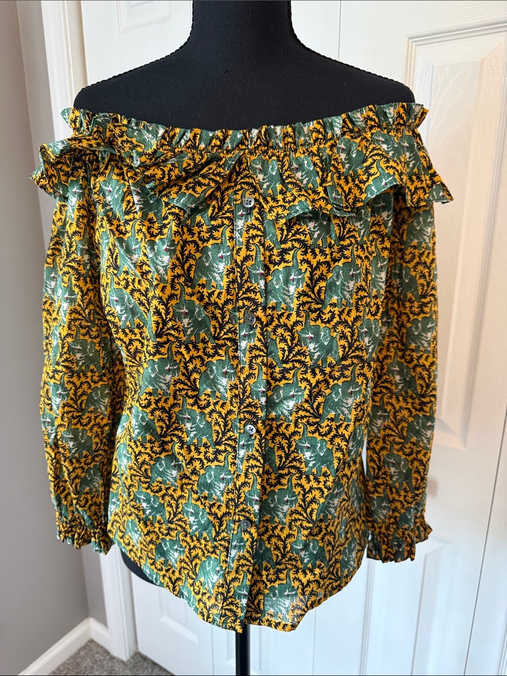 J. Crew Off-Shoulder Ruffle Blouse in Yellow and Green